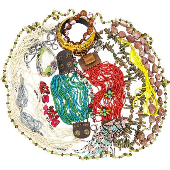 Large Bohemian Jewelry Lot Seed Bead Natural Stones Wood Glass Colorful Bold - Picture 1 of 10